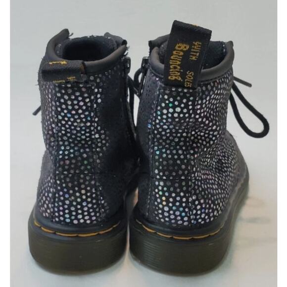 DR. MARTENS Kids Suede Lace Up Combat Boots Black Iridescent Dots 1460 J Sz 2 - Picture 3 of 7
